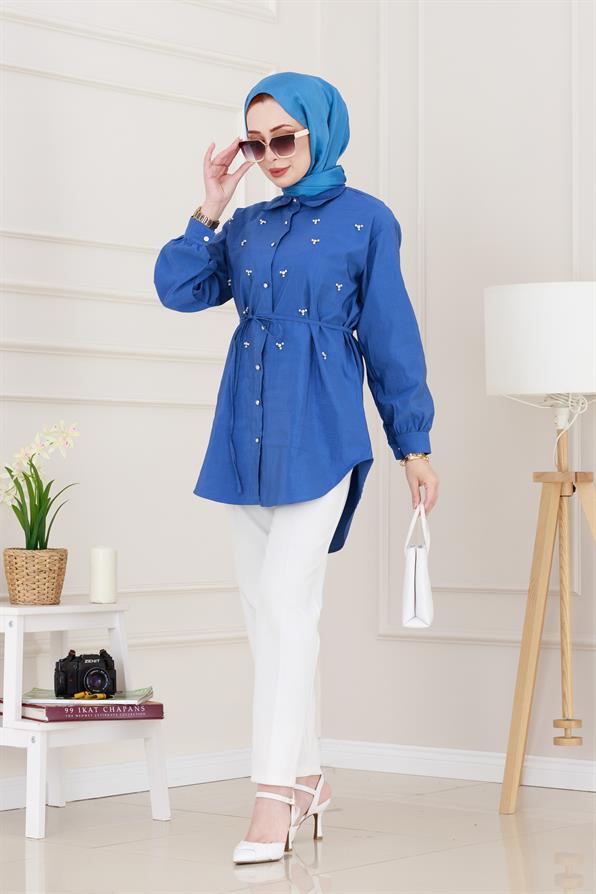 Monako Yaka Taşlı Tunik-Mavi