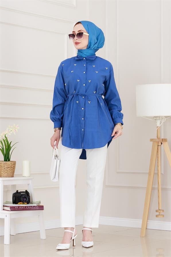 Monako Yaka Taşlı Tunik-Mavi