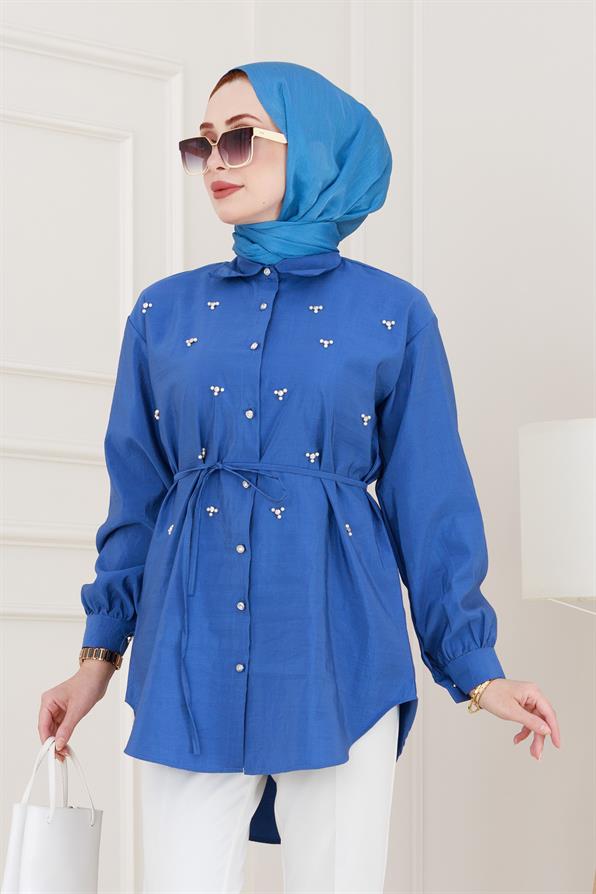 Monako Yaka Taşlı Tunik-Mavi