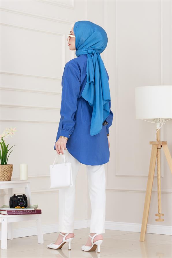 Monako Yaka Taşlı Tunik-Mavi