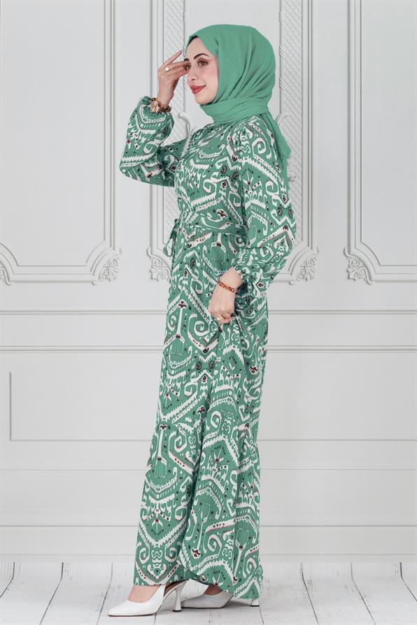 Motif Desen Beli Kuşaklı Viskon Elbise-Mint Yeşili