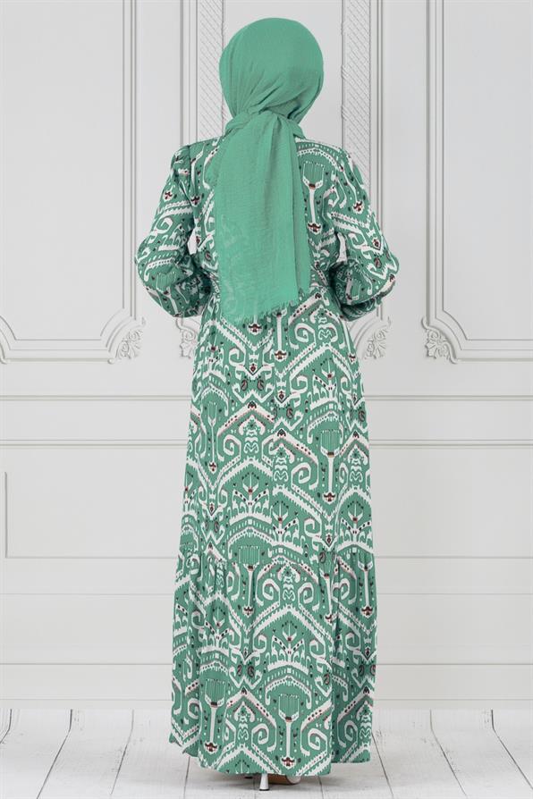 Motif Desen Beli Kuşaklı Viskon Elbise-Mint Yeşili