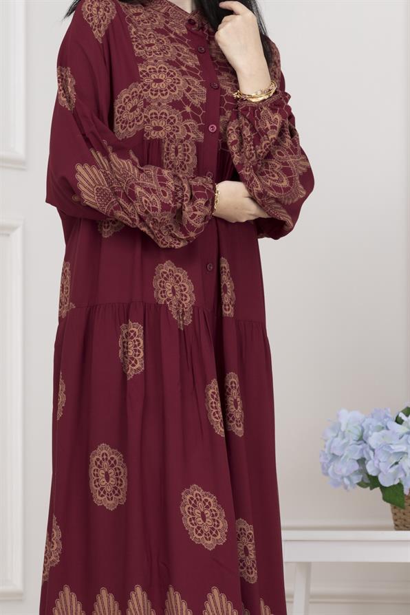 Motif Desen Robalı Viscon Tesettür Elbise-BORDO
