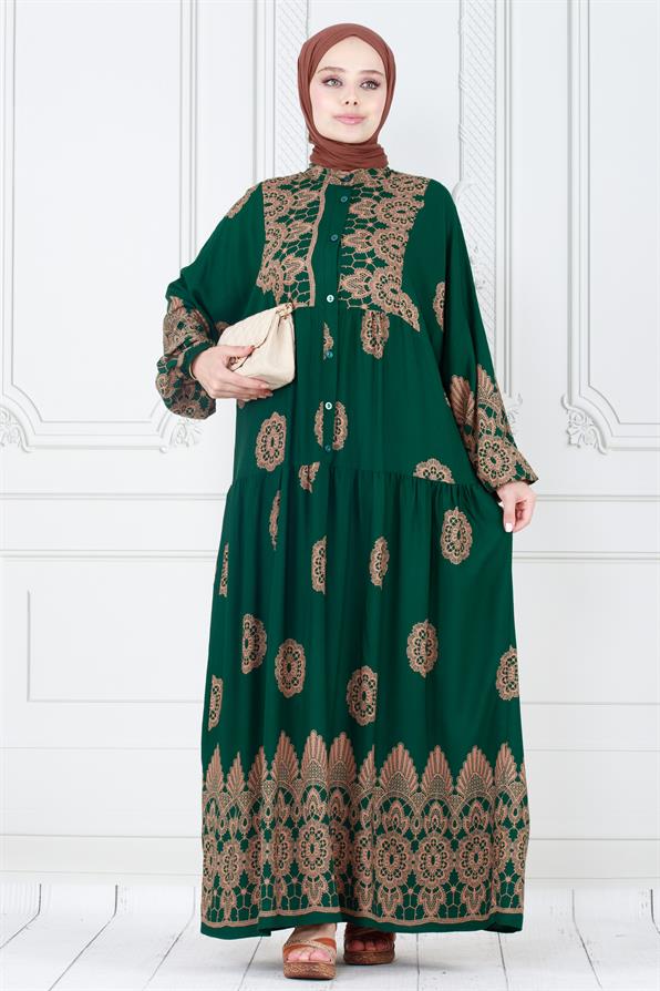 Motif Desen Robalı Viscon Tesettür Elbise-Yeşil