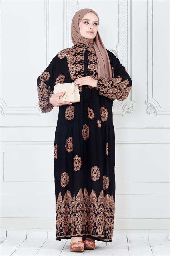 Motif Desen Robalı Viscon Tesettür Elbise-Siyah
