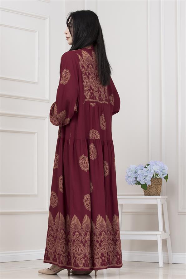 Motif Desen Robalı Viscon Tesettür Elbise-BORDO