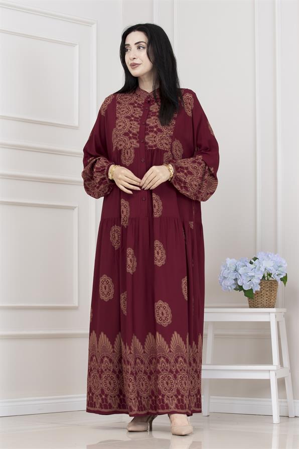 Motif Desen Robalı Viscon Tesettür Elbise-BORDO