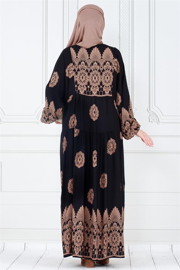 Motif Desen Robalı Viscon Tesettür Elbise-Siyah