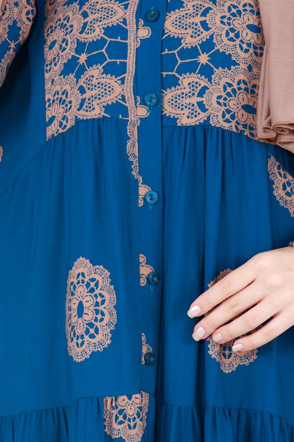 Motif Desen Robalı Viscon Tesettür Elbise-Mavi