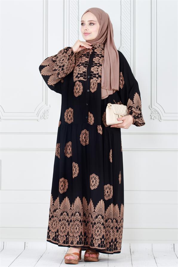 Motif Desen Robalı Viscon Tesettür Elbise-Siyah