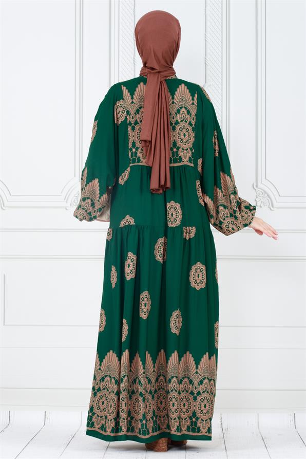 Motif Desen Robalı Viscon Tesettür Elbise-Yeşil