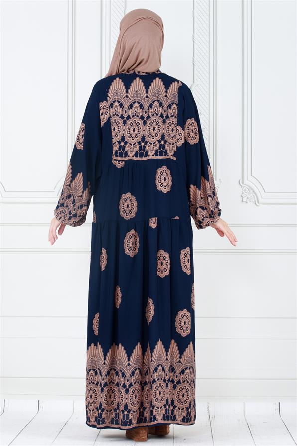 Motif Desen Robalı Viscon Tesettür Elbise-Lacivert
