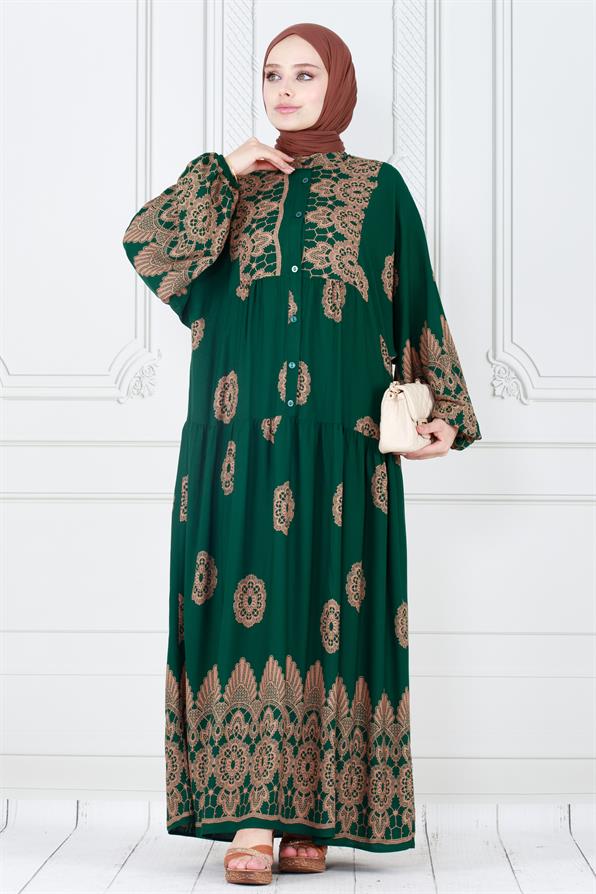 Motif Desen Robalı Viscon Tesettür Elbise-Yeşil