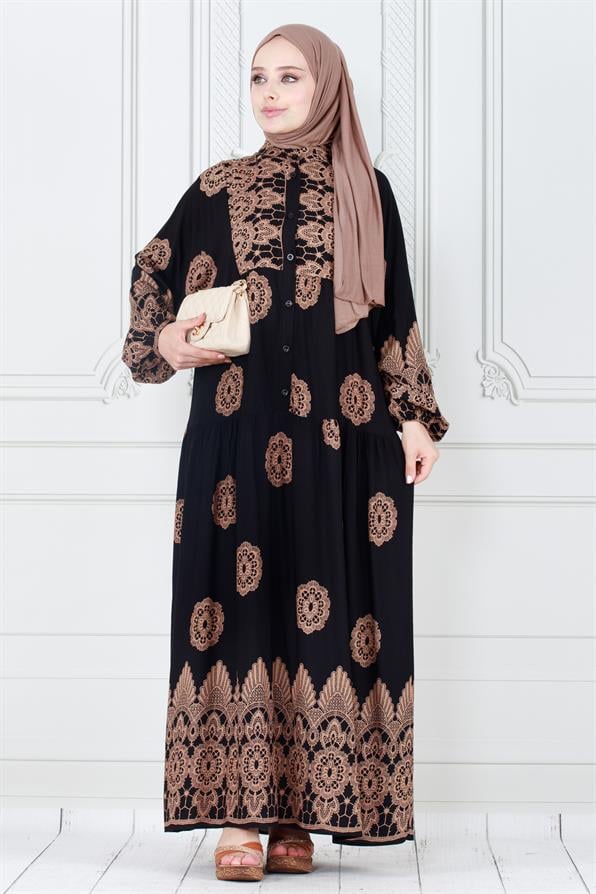 Motif Desen Robalı Viscon Tesettür Elbise-Siyah