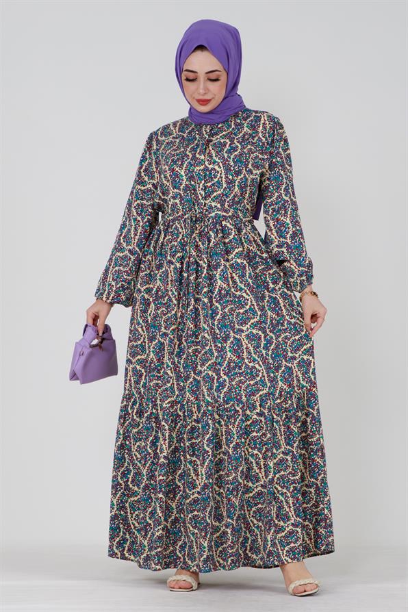 Mozaic Patterned Belted Tunic Viscose Dress - Cream