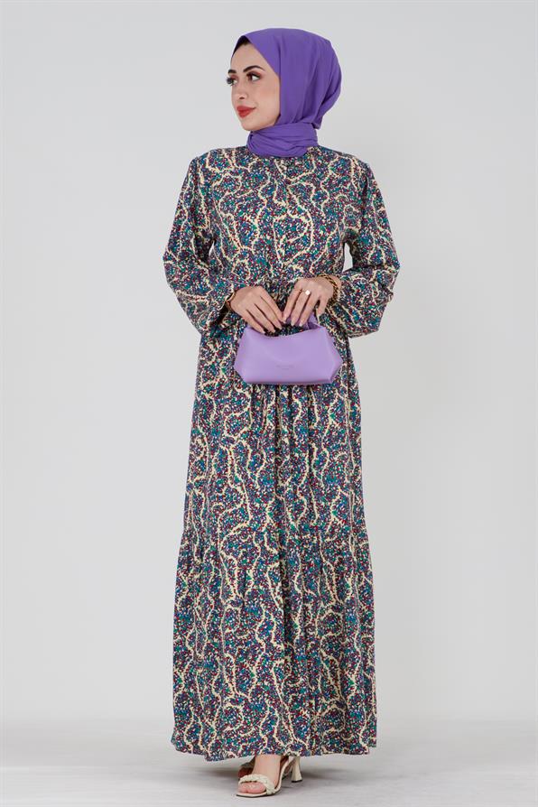 Mozaic Patterned Belted Tunic Viscose Dress - Cream