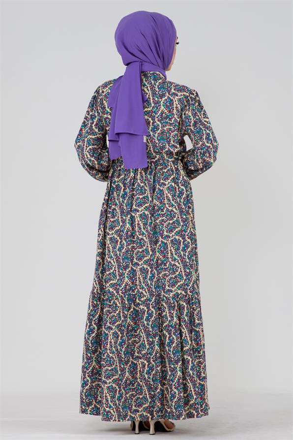 Mozaic Patterned Belted Tunic Viscose Dress - Cream