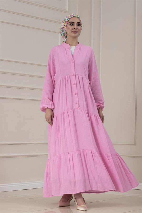 Müslin Kumaş Robalı İvana Elbise-PEMBE