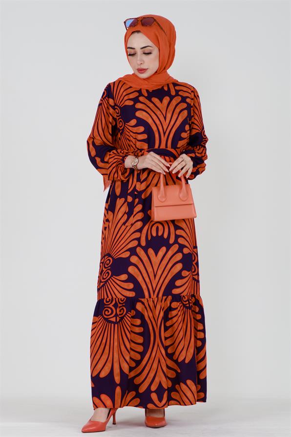 Neda Beli Kuşaklı Viskon Elbise-Mor