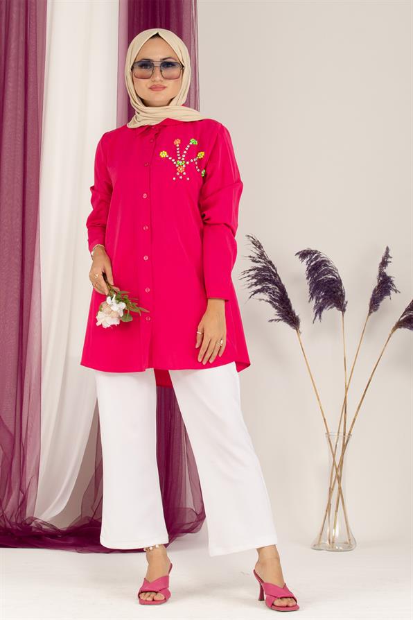 Neon Boncuk Detaylı Tunik-Fuşya