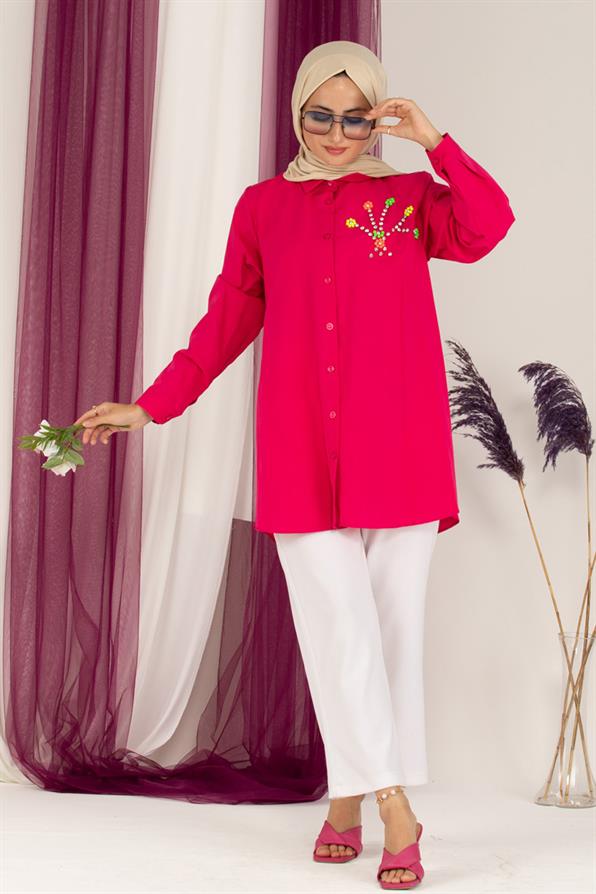 Neon Boncuk Detaylı Tunik-Fuşya