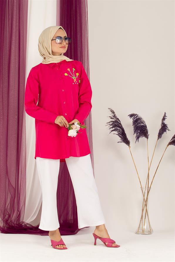 Neon Boncuk Detaylı Tunik-Fuşya
