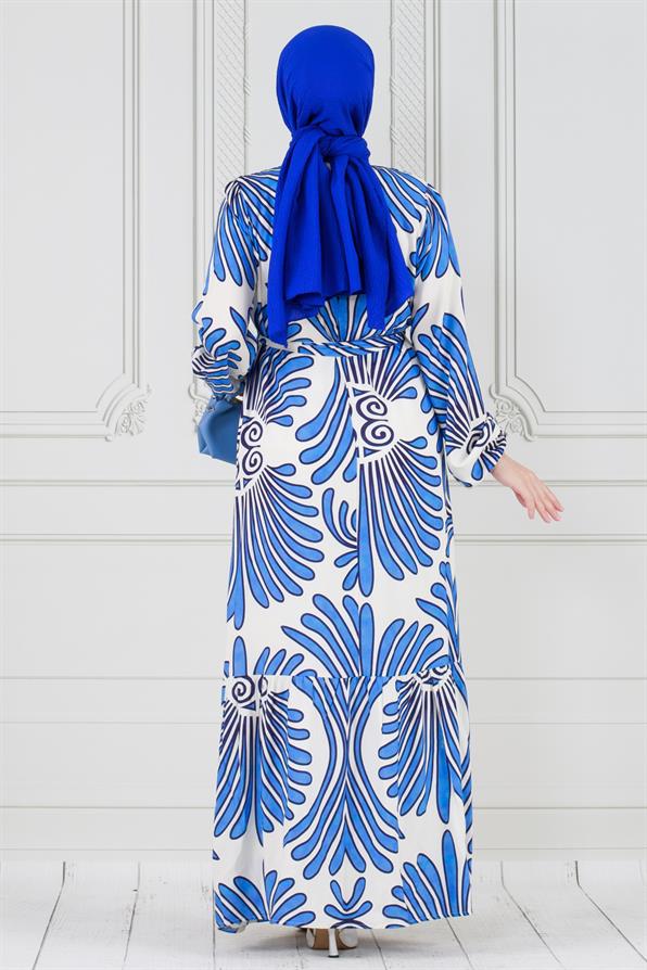 Neva Beli Kuşaklı Viscon Elbise-Mavi