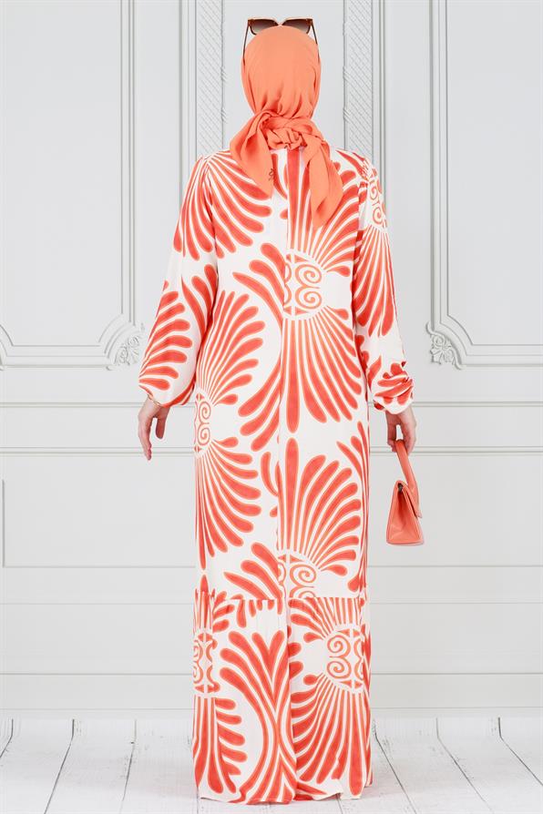 Neva Beli Kuşaklı Viscon Elbise-Turuncu