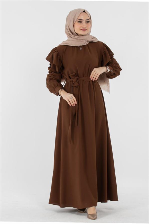 Voluminous Shoulder Crepe Fabric dress - Brown