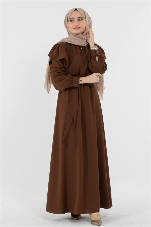 Voluminous Shoulder Crepe Fabric dress - Brown