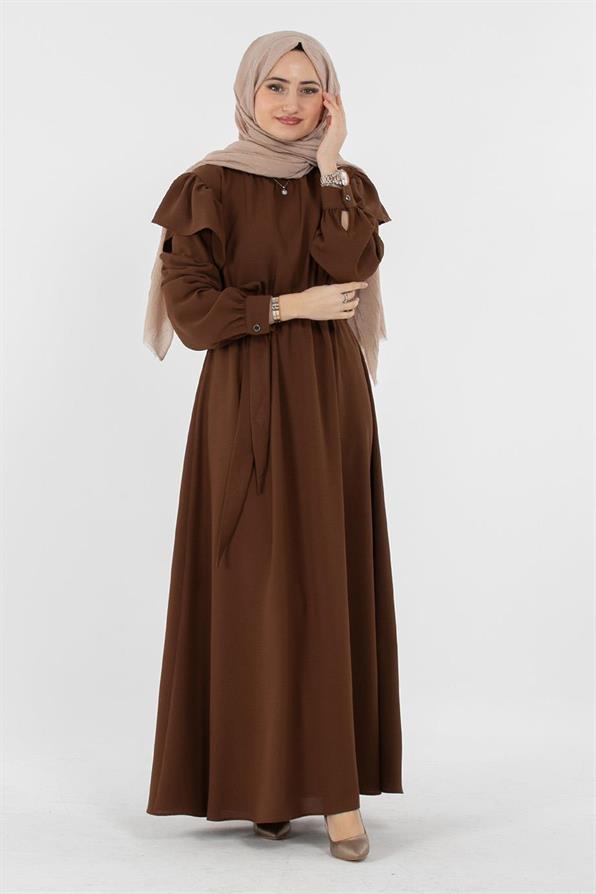 Voluminous Shoulder Crepe Fabric dress - Brown