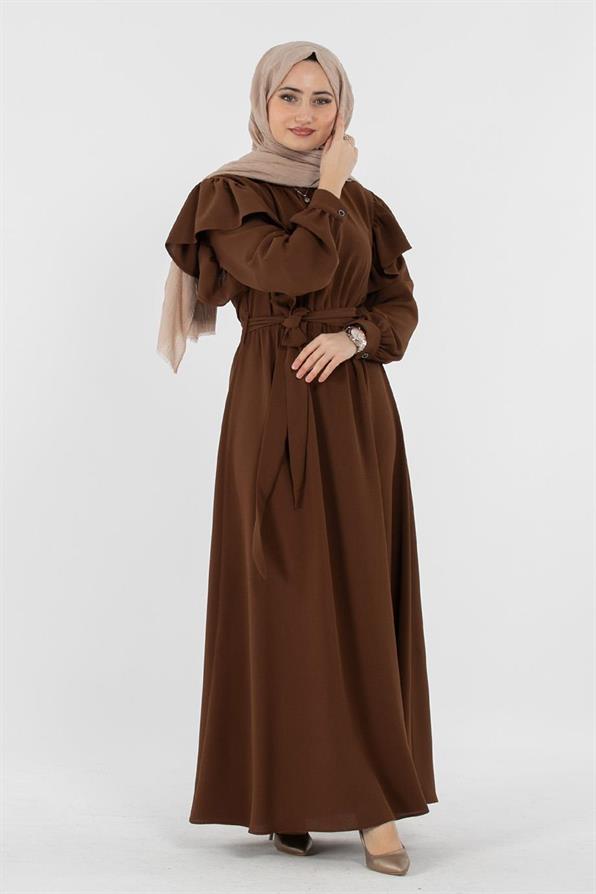 Voluminous Shoulder Crepe Fabric dress - Brown
