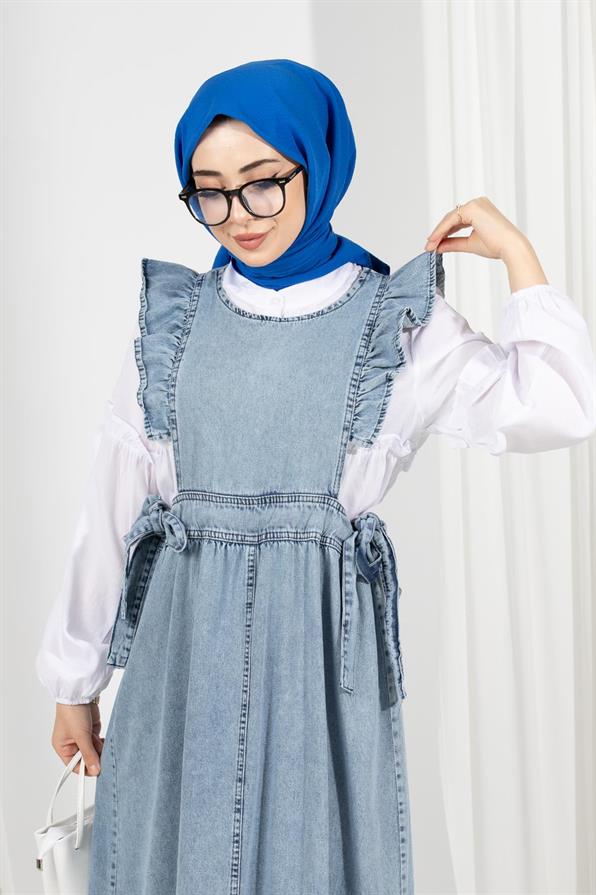 Frilly Shoulder Denim Gilet-Blue