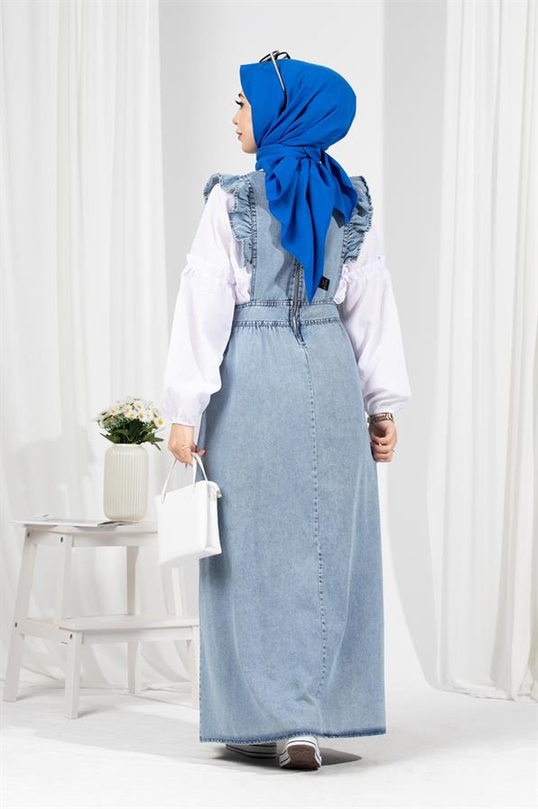 Frilly Shoulder Denim Gilet-Blue