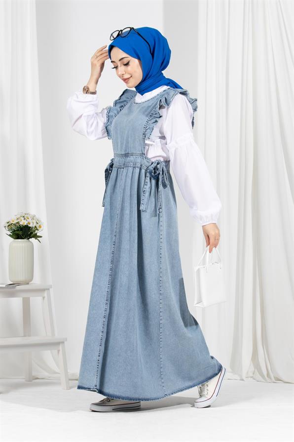 Frilly Shoulder Denim Gilet-Blue