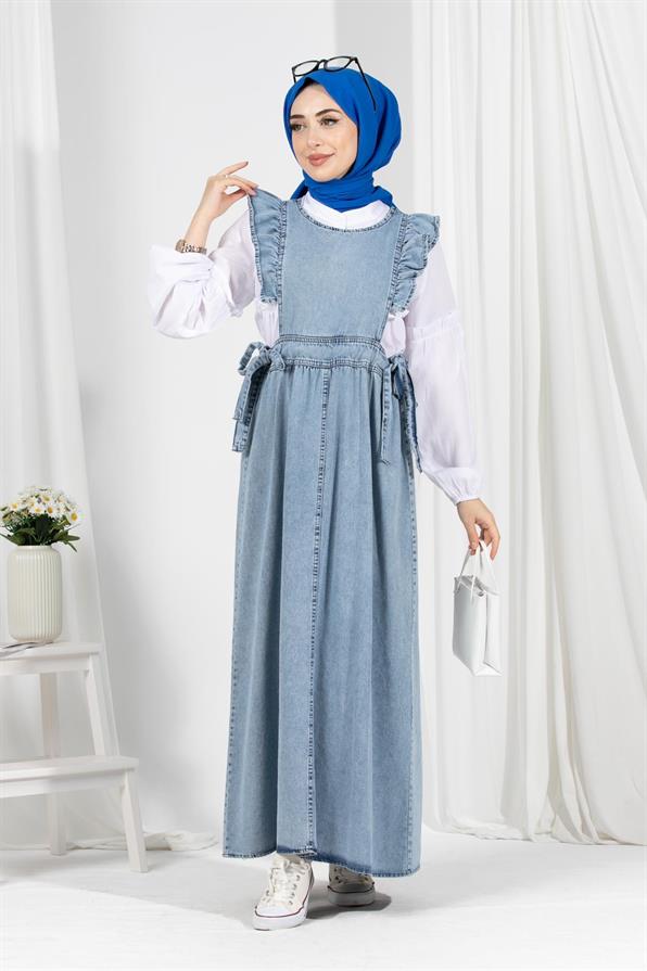 Frilly Shoulder Denim Gilet-Blue