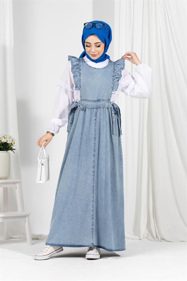 Frilly Shoulder Denim Gilet-Blue