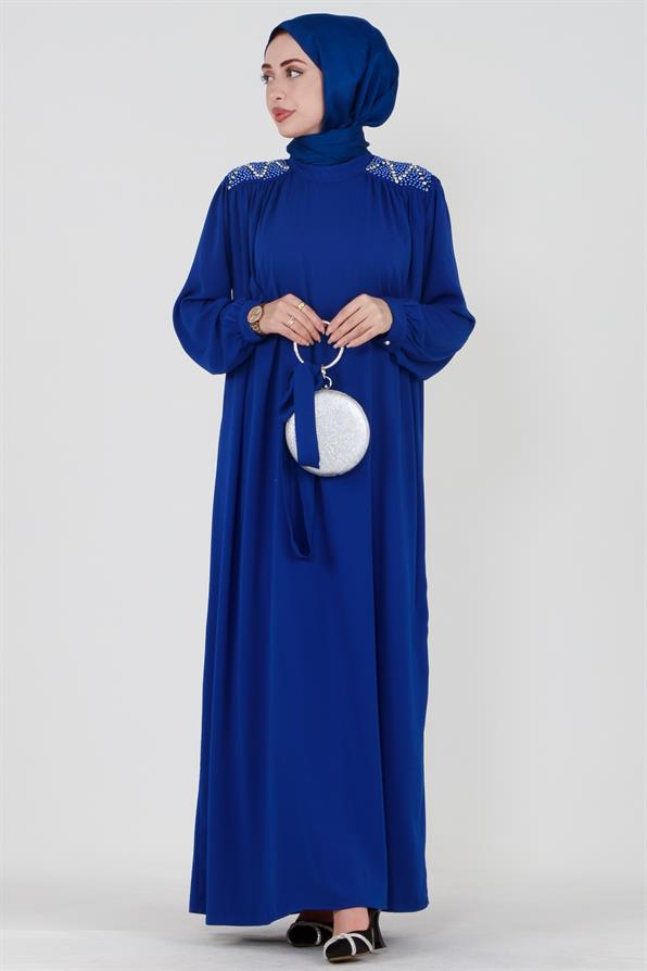 فستان محجبات بأكتاف مطرزة وحزام على الخصر - أزرق