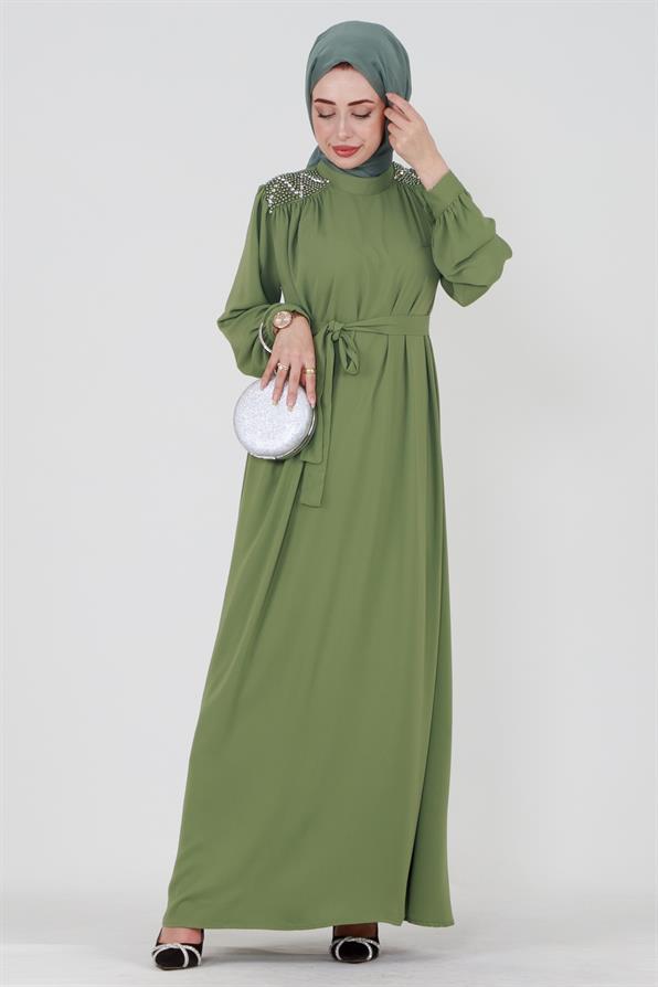 فستان محجبات بأكتاف مطرزة وحزام على الخصر - أخضر فستقي