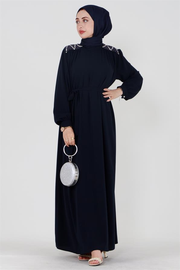 فستان محجبات بأكتاف مطرزة وحزام على الخصر - أزرق داكن