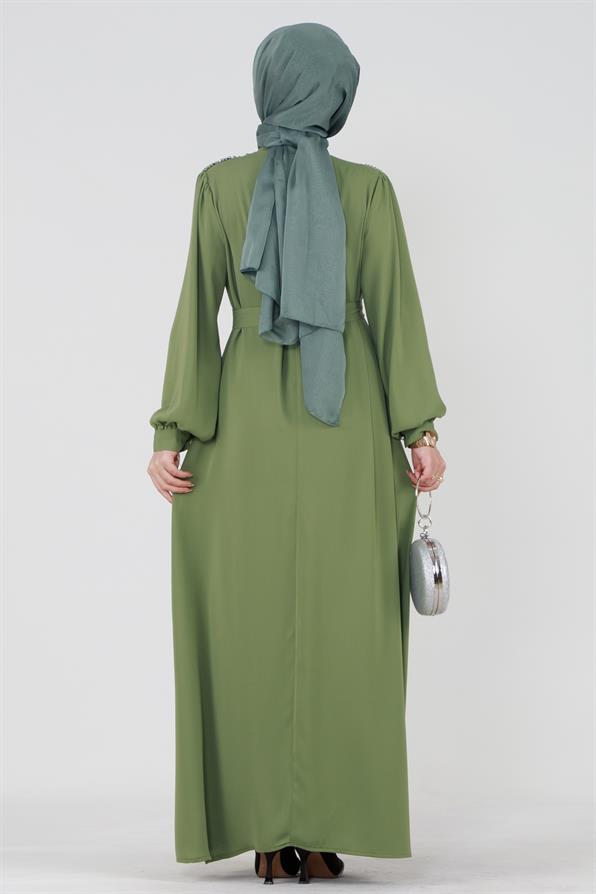 فستان محجبات بأكتاف مطرزة وحزام على الخصر - أخضر فستقي