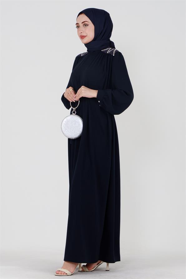 فستان محجبات بأكتاف مطرزة وحزام على الخصر - أزرق داكن