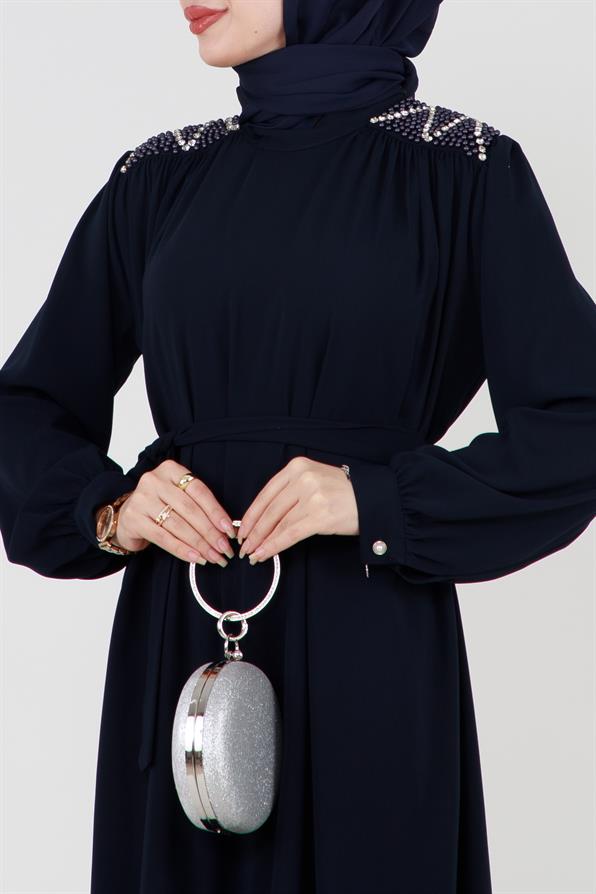 فستان محجبات بأكتاف مطرزة وحزام على الخصر - أزرق داكن