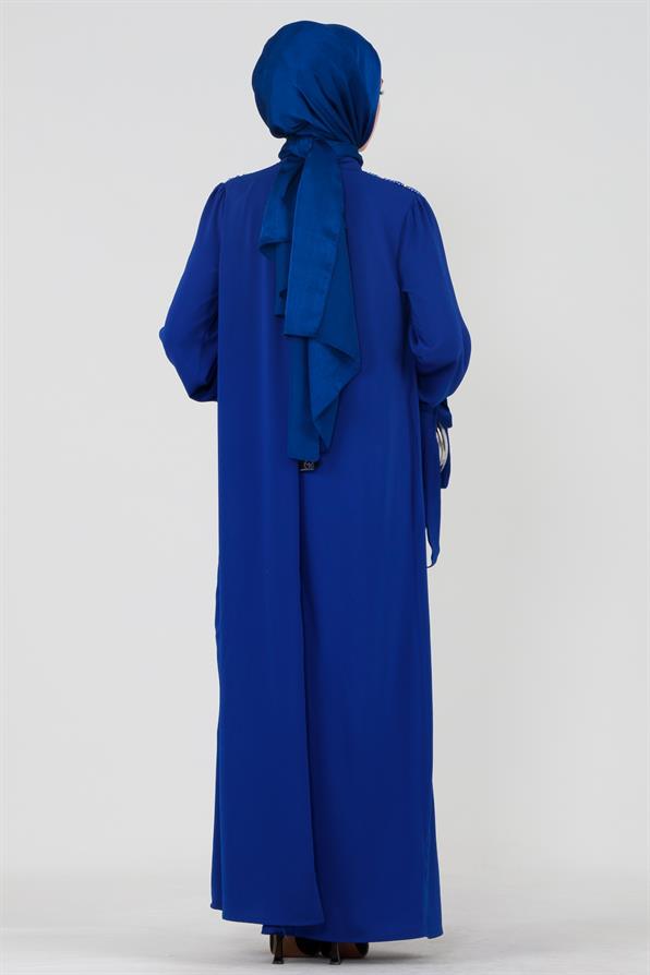 فستان محجبات بأكتاف مطرزة وحزام على الخصر - أزرق