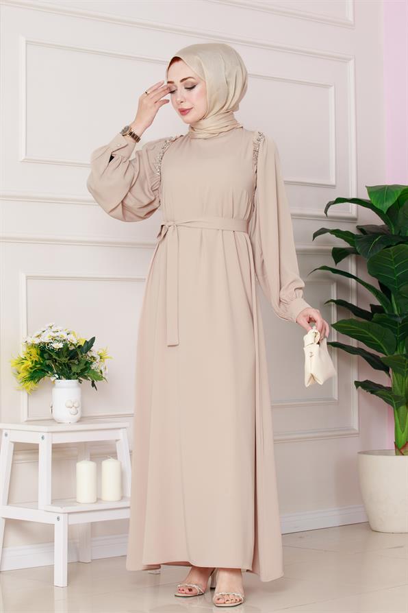فستان مع تفاصيل حجرية على الكتف - اللون البيج