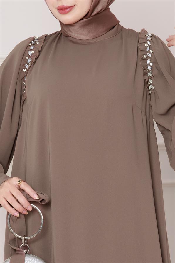 فستان مع تفاصيل حجرية على الكتف - لون المنك