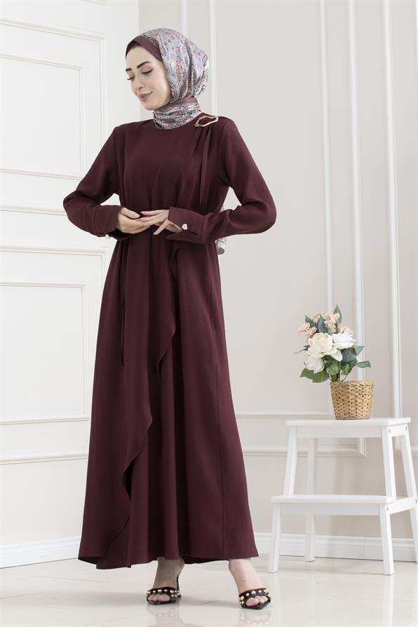 Omuzu Toka Detaylı Tesettür Elbise-BORDO