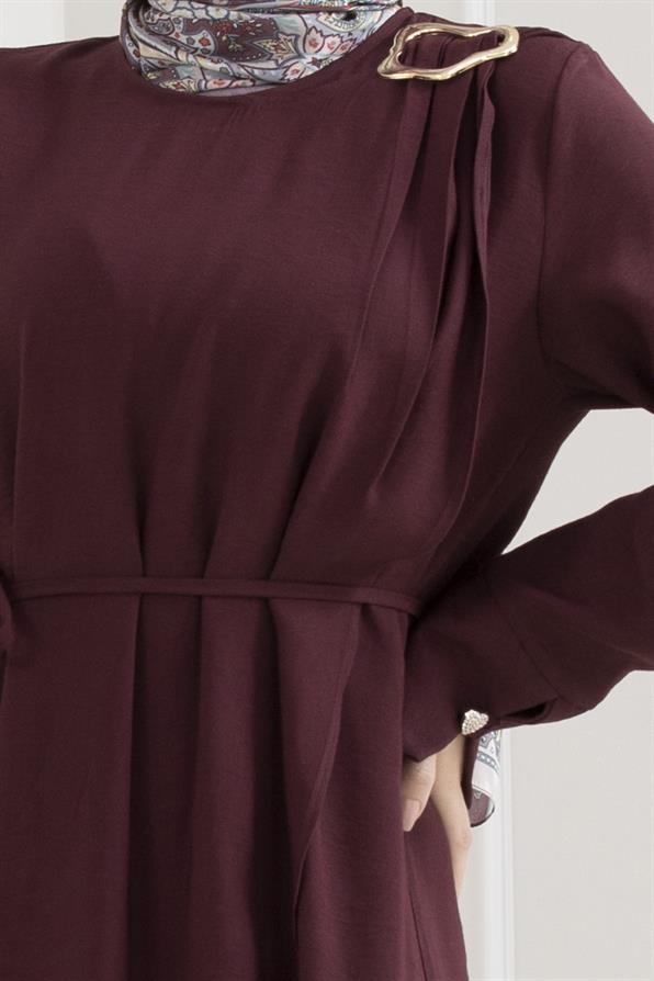 Omuzu Toka Detaylı Tesettür Elbise-BORDO