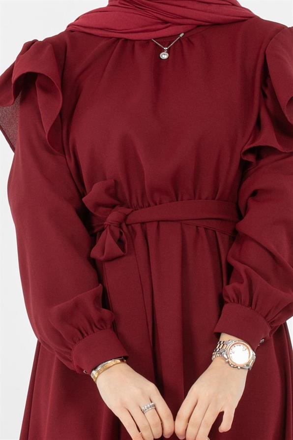 Voluminous Shoulder Crepe Fabric dress- Burgundy