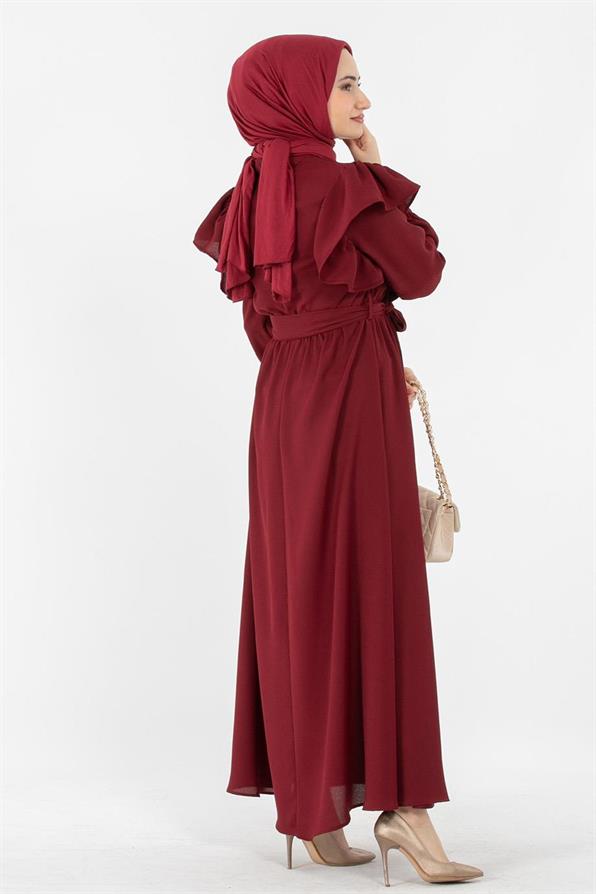 Voluminous Shoulder Crepe Fabric dress- Burgundy